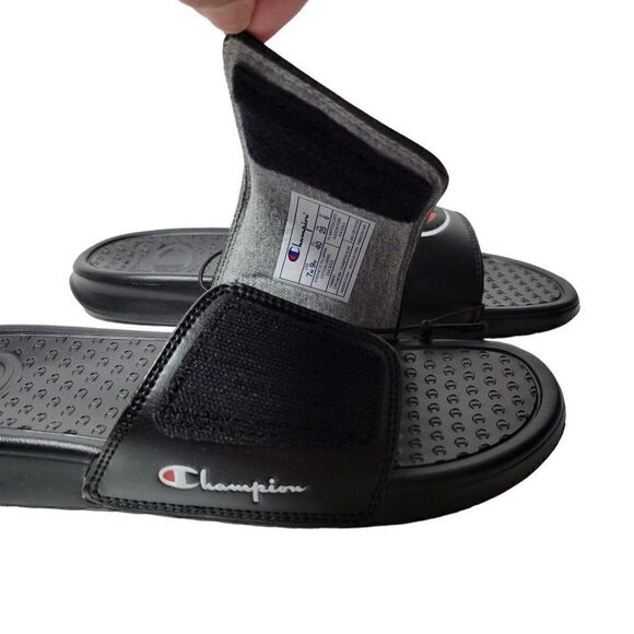 Champion Unisex Slide Sandals Men Size 7 Women Size 9 Black Hook & Loop Closure - Picture 7 of 12